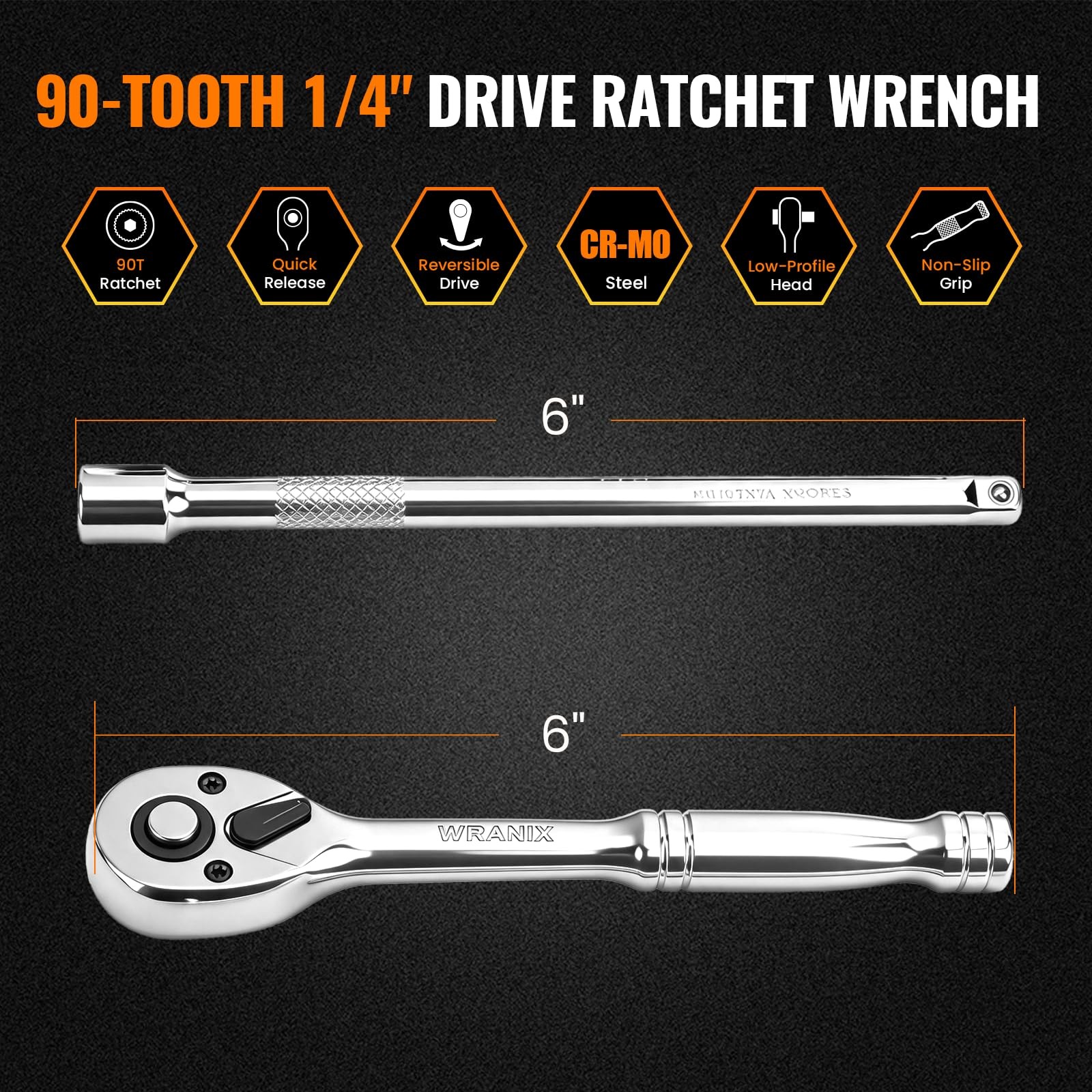 1/4" Drive Ratchet Wrench Set 90T Quick-Release Reversible Cr-Mo Head 6"