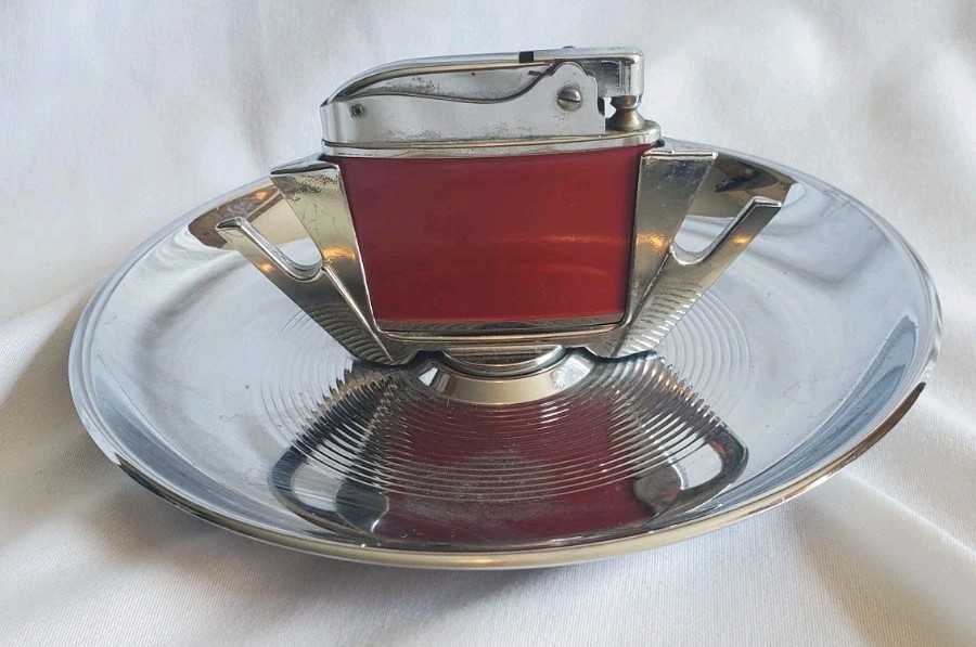 Tempo Vtg 1960s-1970s Table Lighter Chrome Plated With Ashtray Trinket Bowl