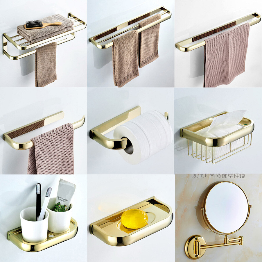 Bathroom Hardware Set Gold Brass Wall Mount Bath Accessory Towel Bar Rack Holder