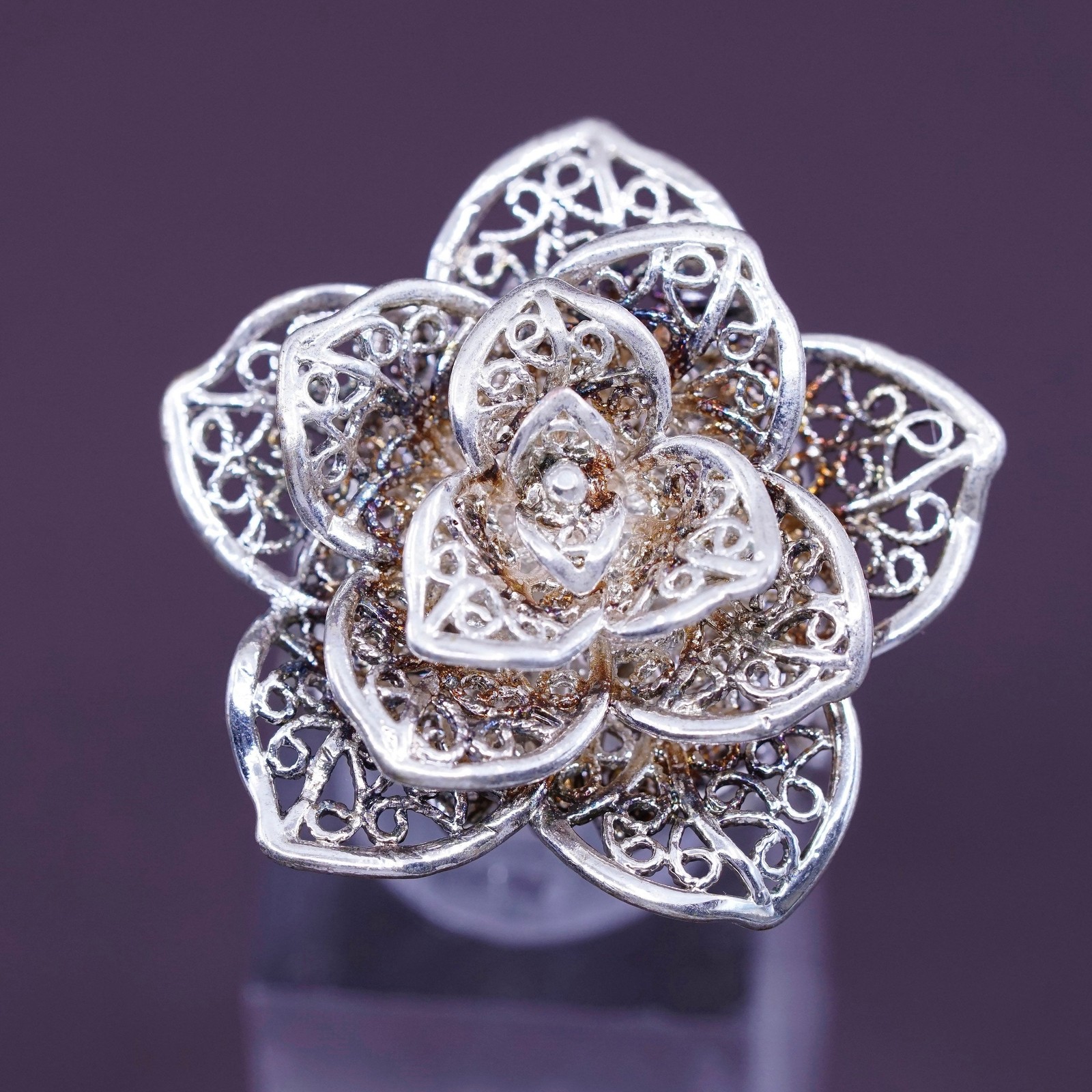 sz adjustable, vtg Sterling silver handmade cocktail ring, 925 filigree flower