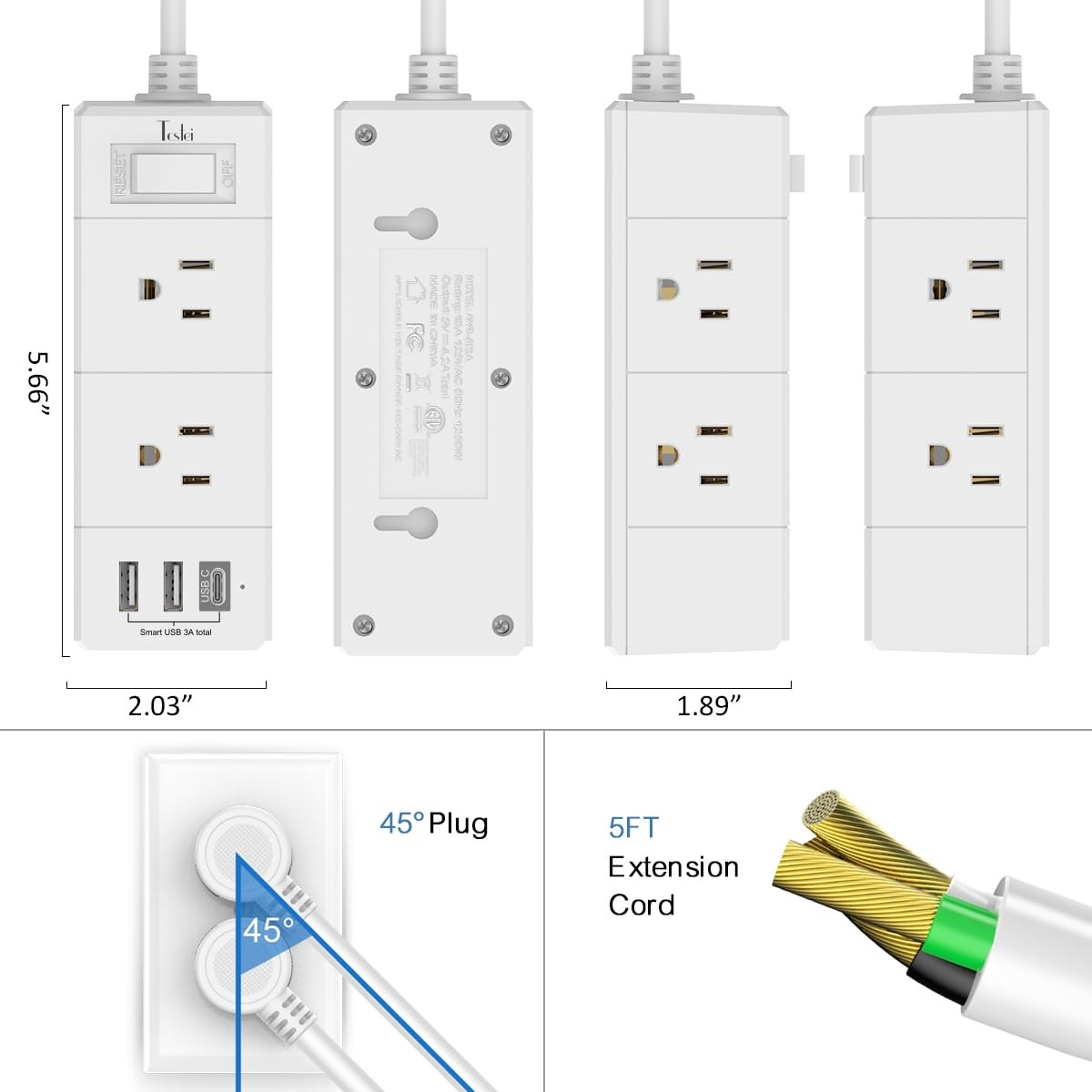 5Ft Outlet Extender Power Strip - Tcstei Flat Plug Extension Cord 5 Ft, White