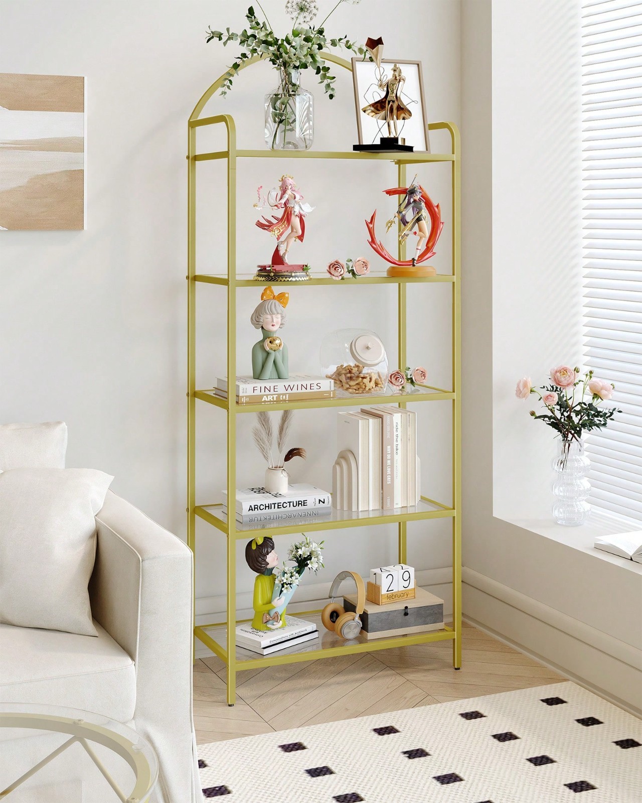 Slim Tempered Glass Bookcase Gold Metal Frame 6 Tier Storage Display Shelf