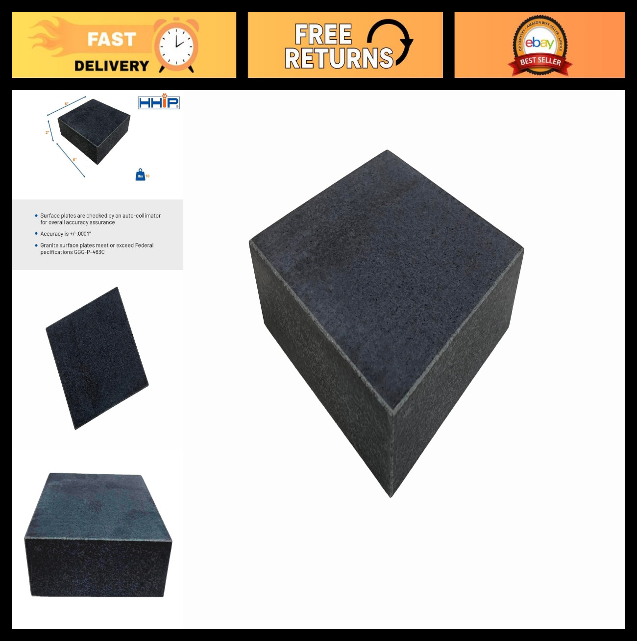 6" x 6" x 2" Granite Surface Plate - Precision Tool, Grade B, No Ledge, Durable