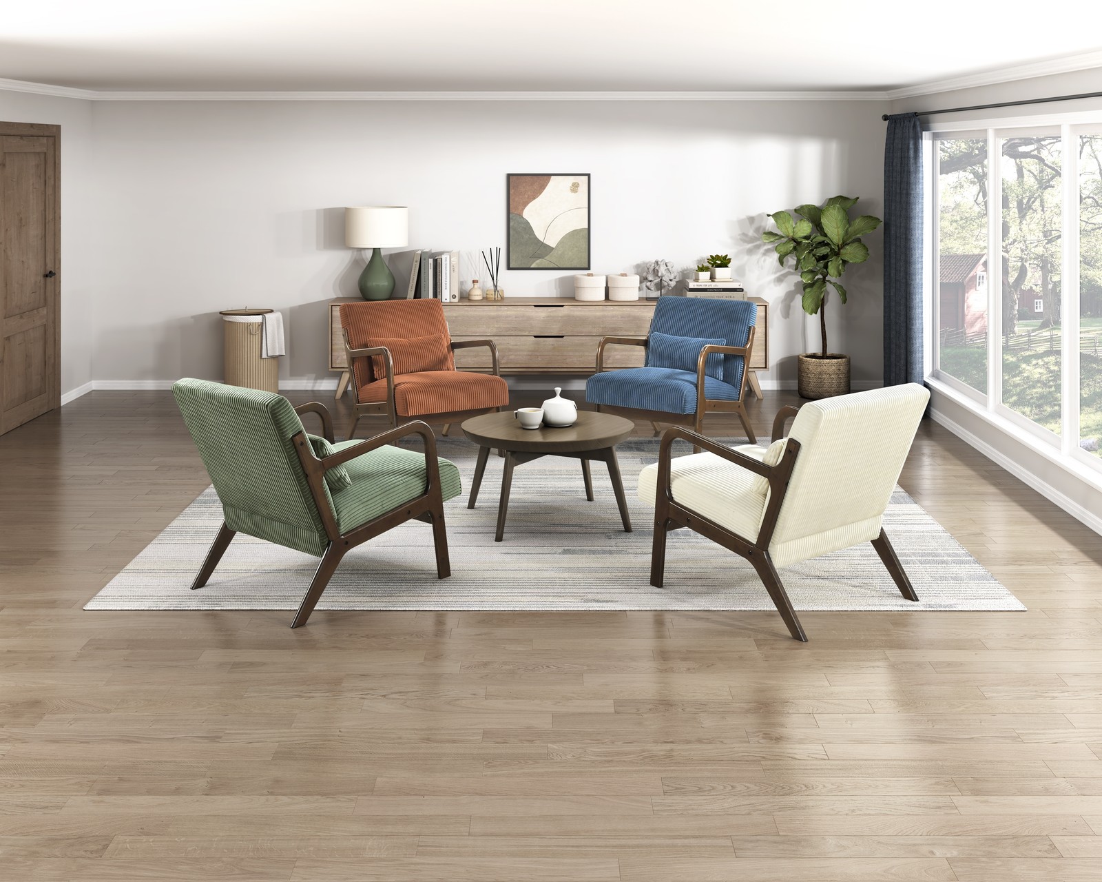 Green Corduroy Accent Armchair with Pillow, Modern Farmhouse