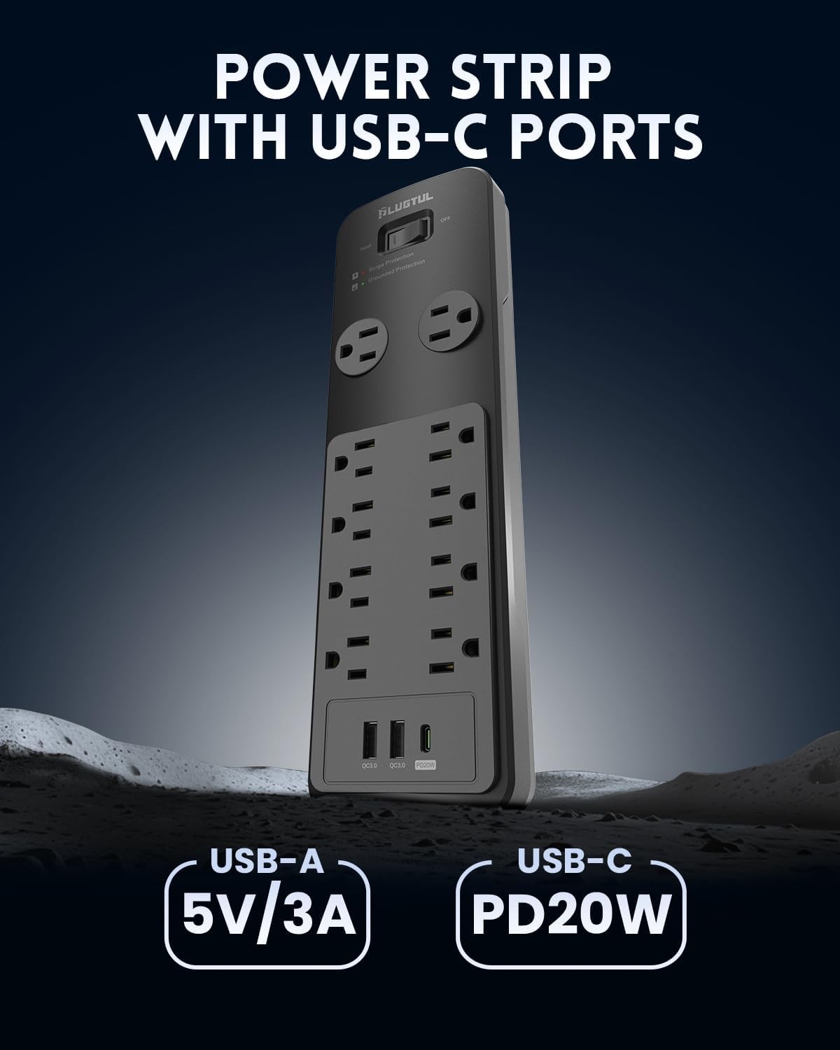 Surge Protector Power Strip 10FT, PLUGTUL with 10 Black