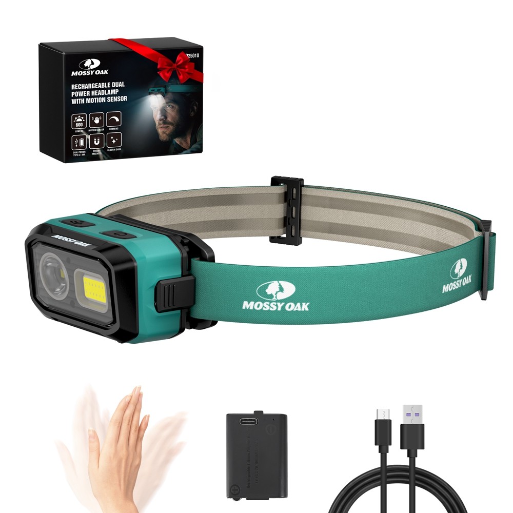 Mossy Oak 600 Lumens LED Headlamp COB Head Light Dual Power Source Motion Sensor