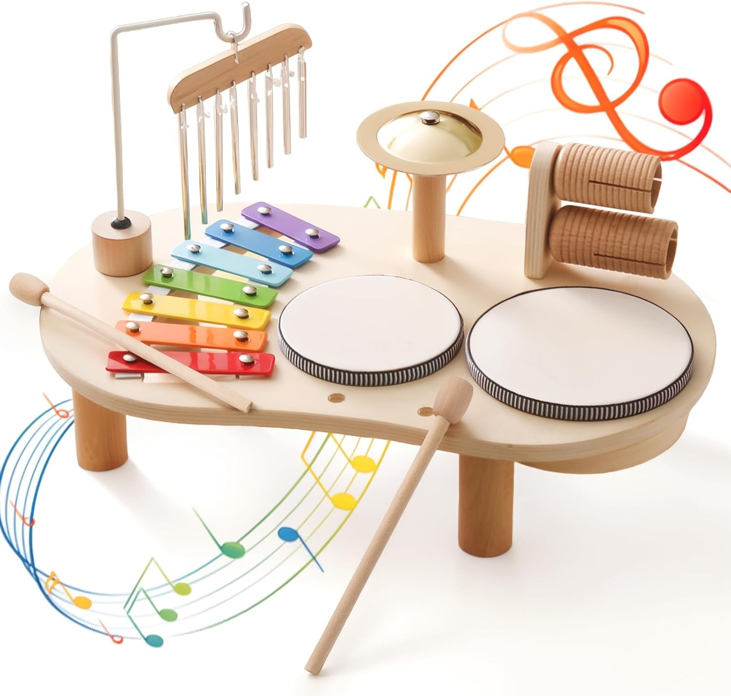 Wooden Drum Set for Toddlers 1-3, Musical Percussion Instruments for Kids Baby