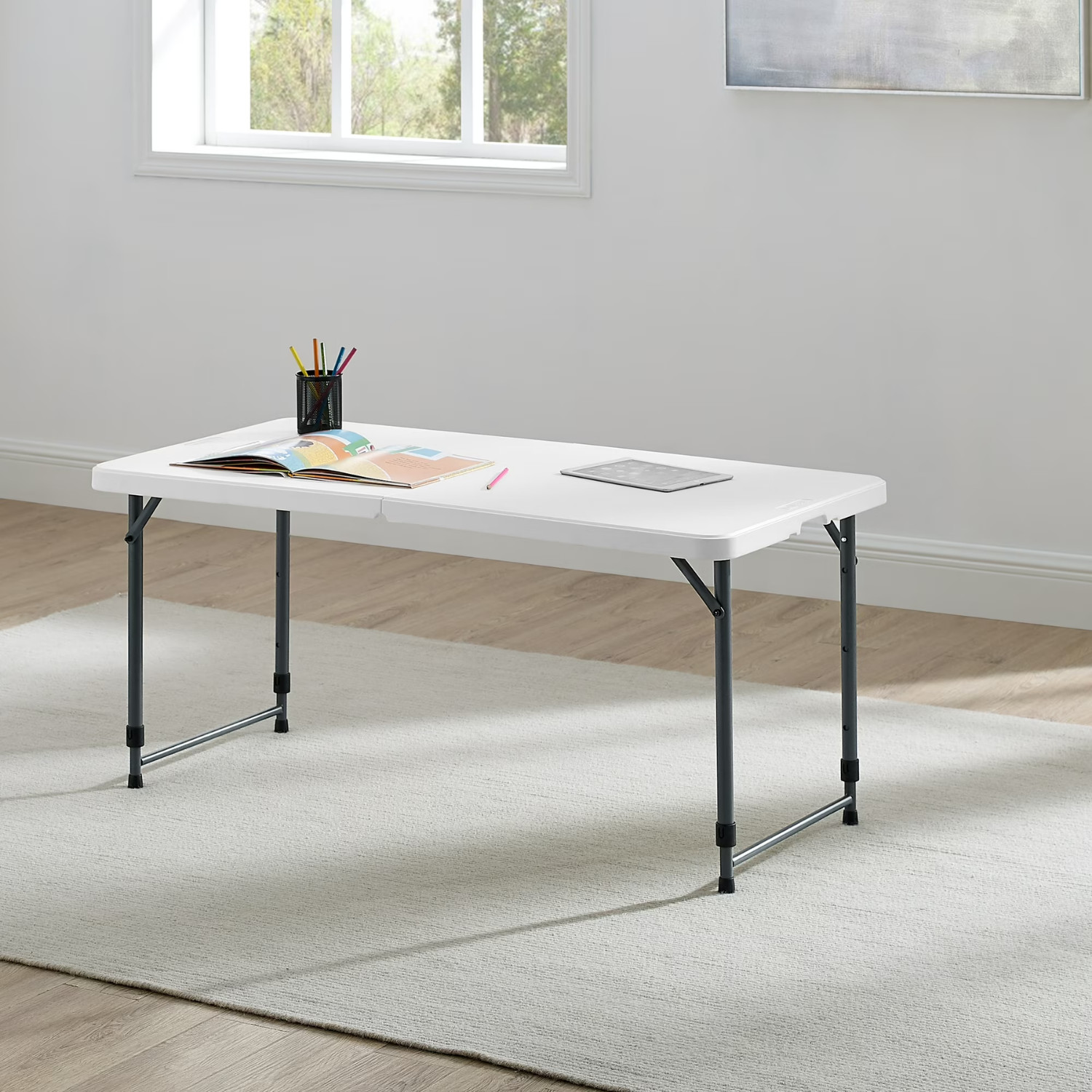 Mainstays 4FT Folding Table Adjustable Height Indoor Outdoor Carry Handle White