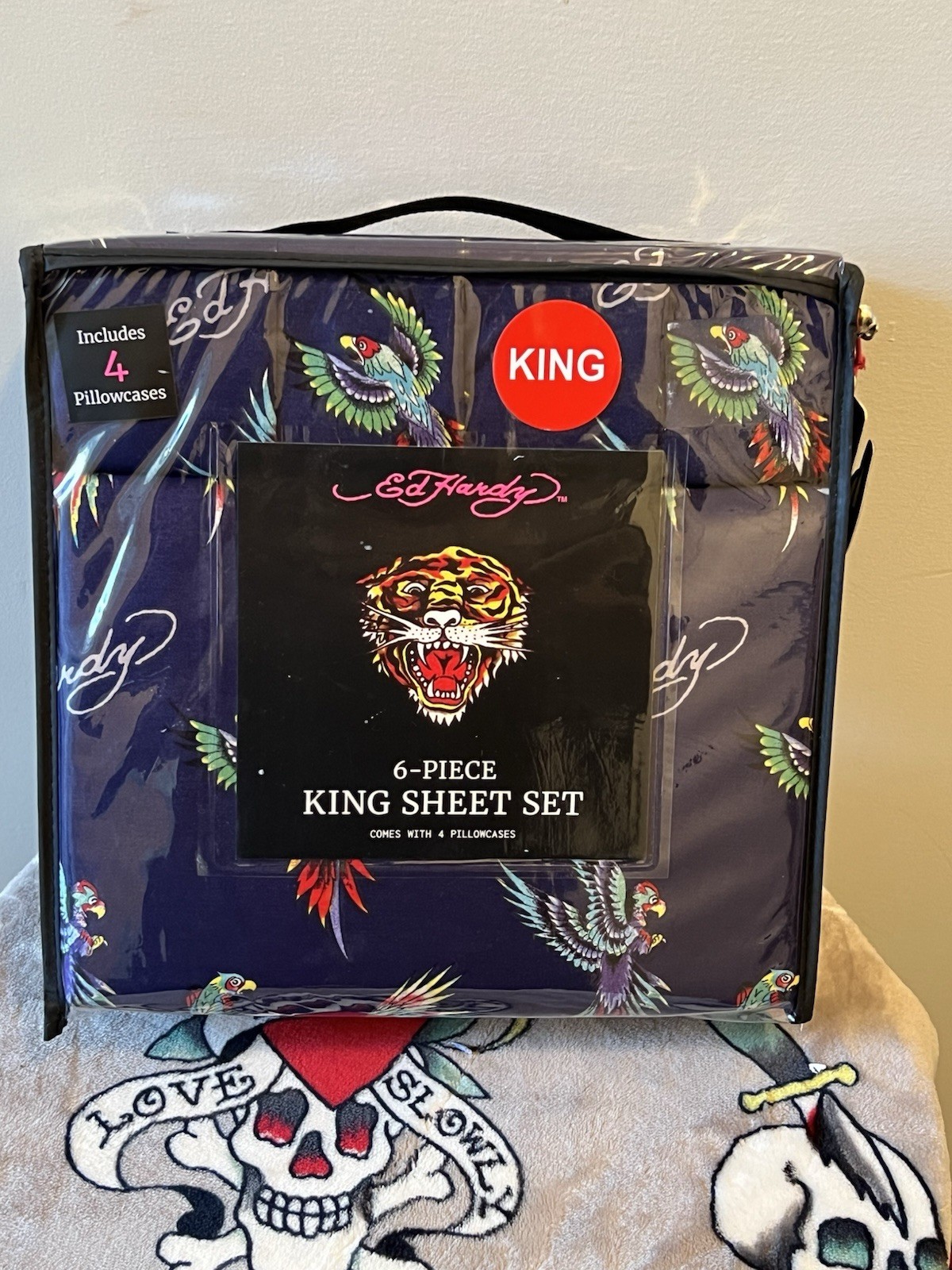 Ed Hardy King Navy Blue Multicolored Birds  6pc Sheet Set NWT