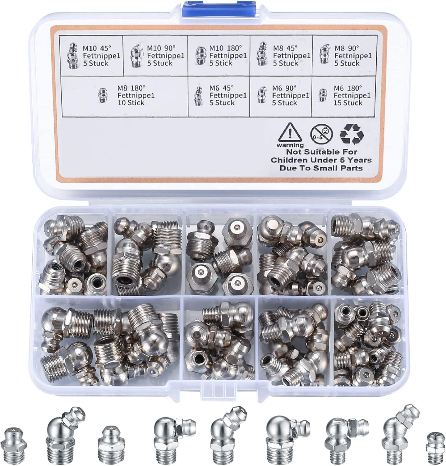 YOUYIDUN - 60Pcs Metric Grease Fittings Kit,Straight and Angled Grease Zerk Kit,