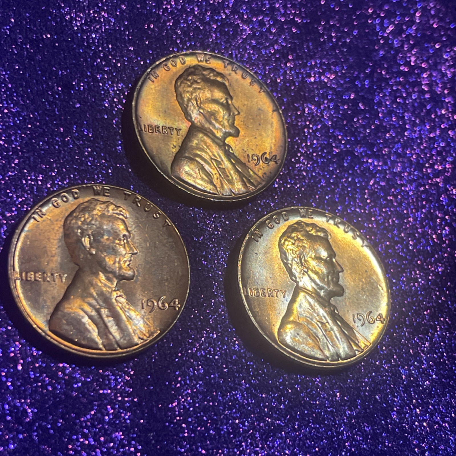 1964 Lincoln Cents, Natural Rainbow Toned, Bu Gems
