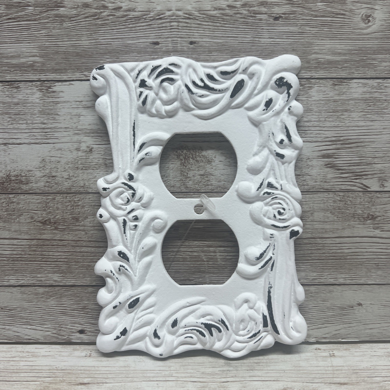 Distressed White Flourishing Metal Outlet Cover Antique Vintage Style