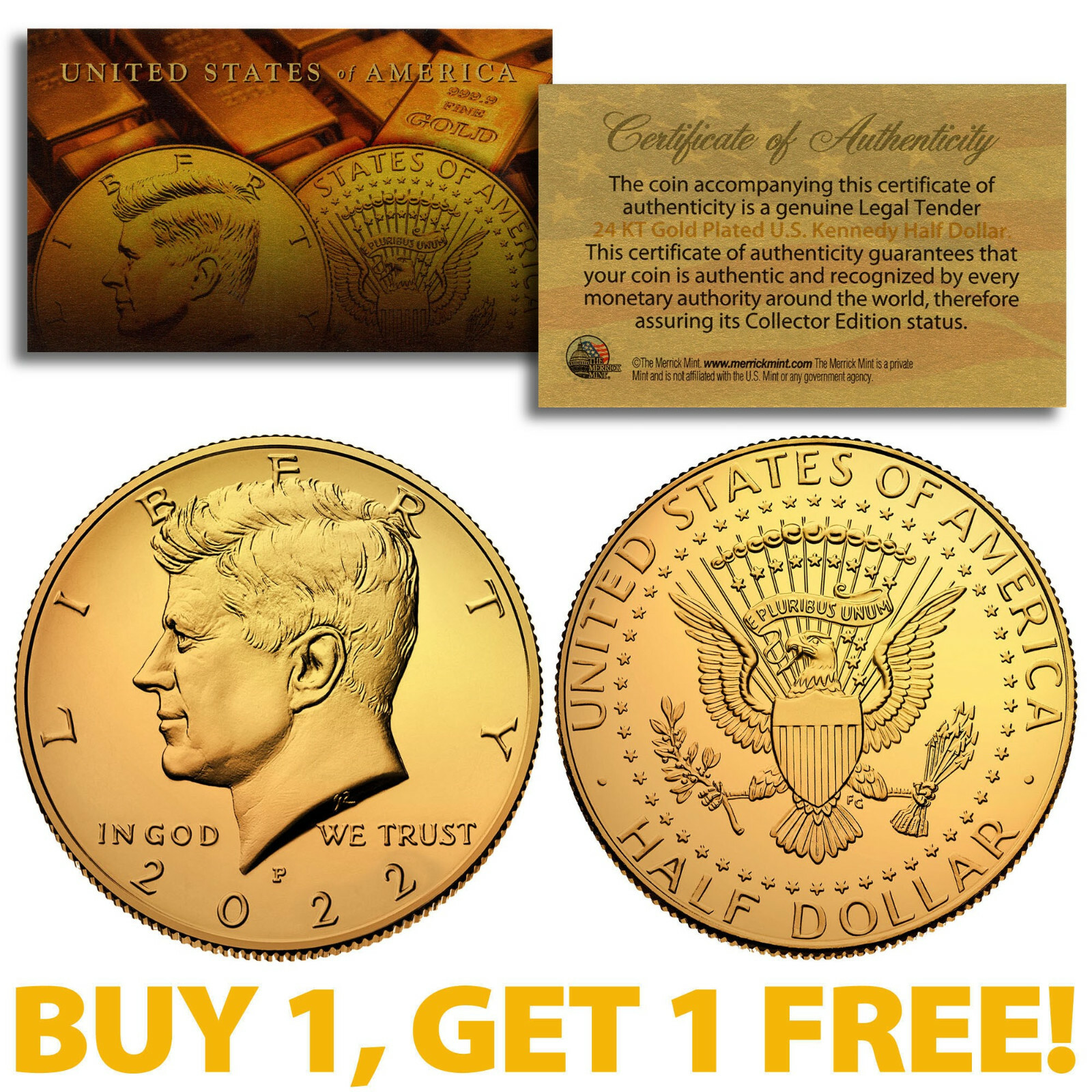 24K GOLD PLATED 2022-P JFK Kennedy Half Dollar Coin (P Mint) BUY 1 GET 1 FREE