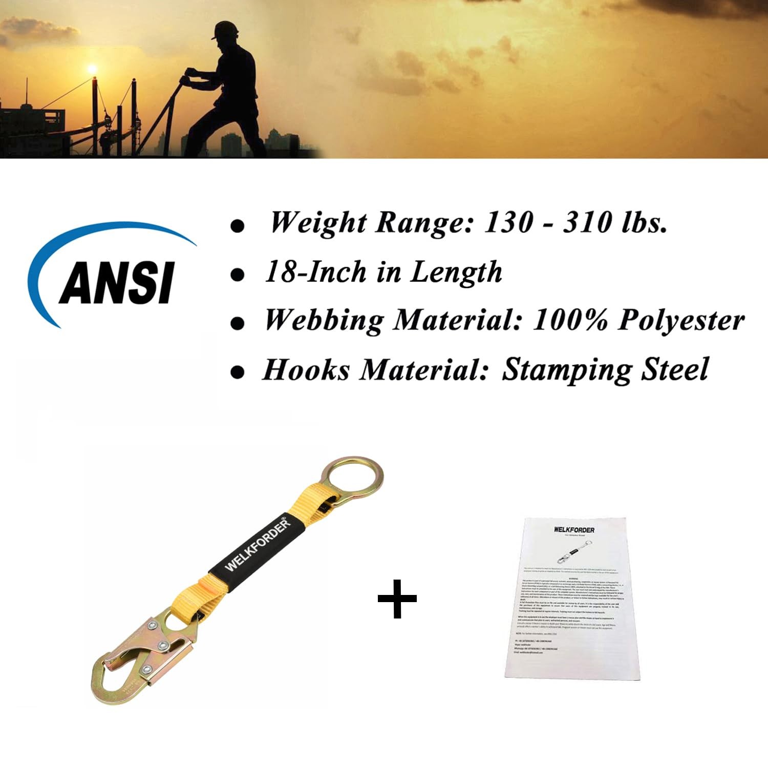 WELKFORDER 18-Inch D-Ring Extender Fall Protection with Snap Hook 18"
