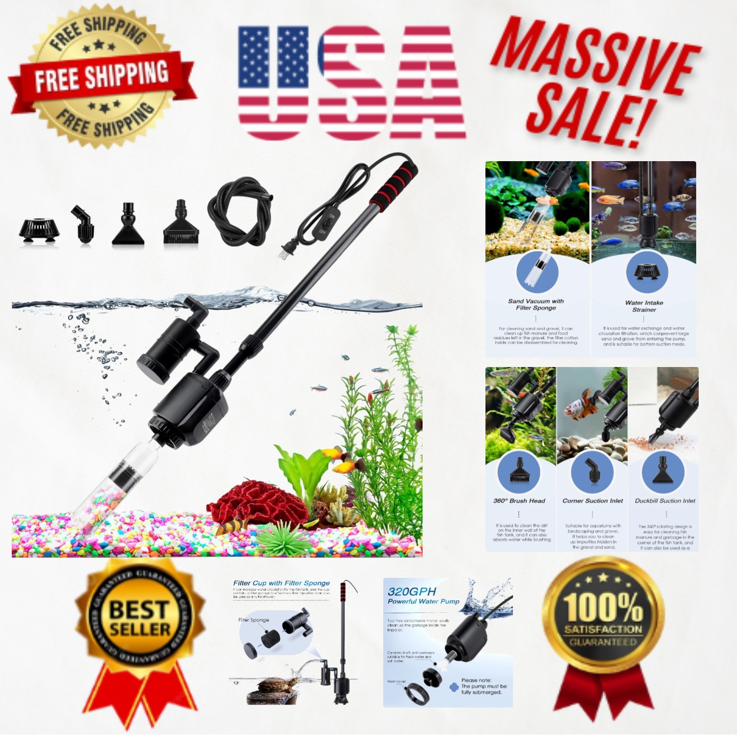 Electric Fish Tank Vacuum Cleaner with Adjustable Handle - Perfect for All Sizes