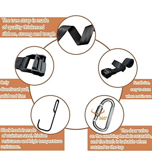 Bow Hanger Tree Strap with 1 Carabiner and 4 Metal Hooks，Adjustable Tree Strap