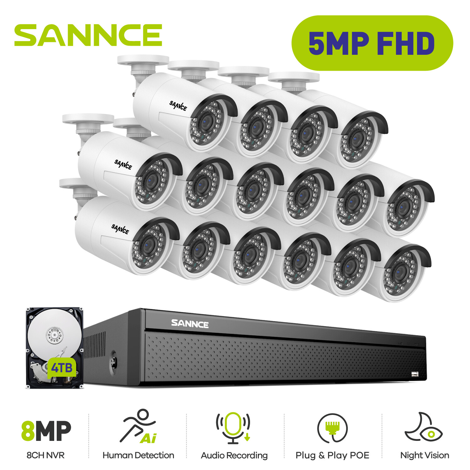 SANNCE 4K 8CH 16 NVR 5MP POE Security IP Camera System Two Way Audio AI Motion