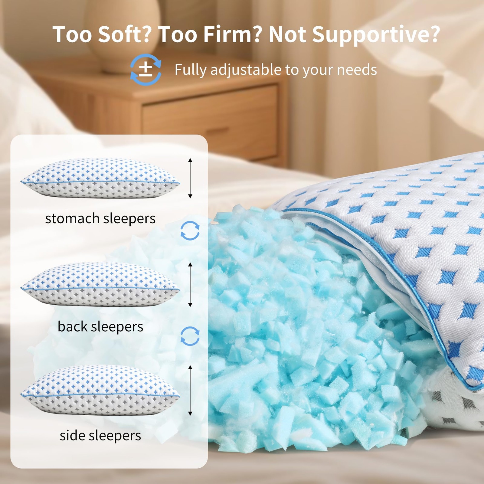 Memory Foam Pillows 2 Pack – Adjustable Loft Cooling Pillows Standard Size Se...