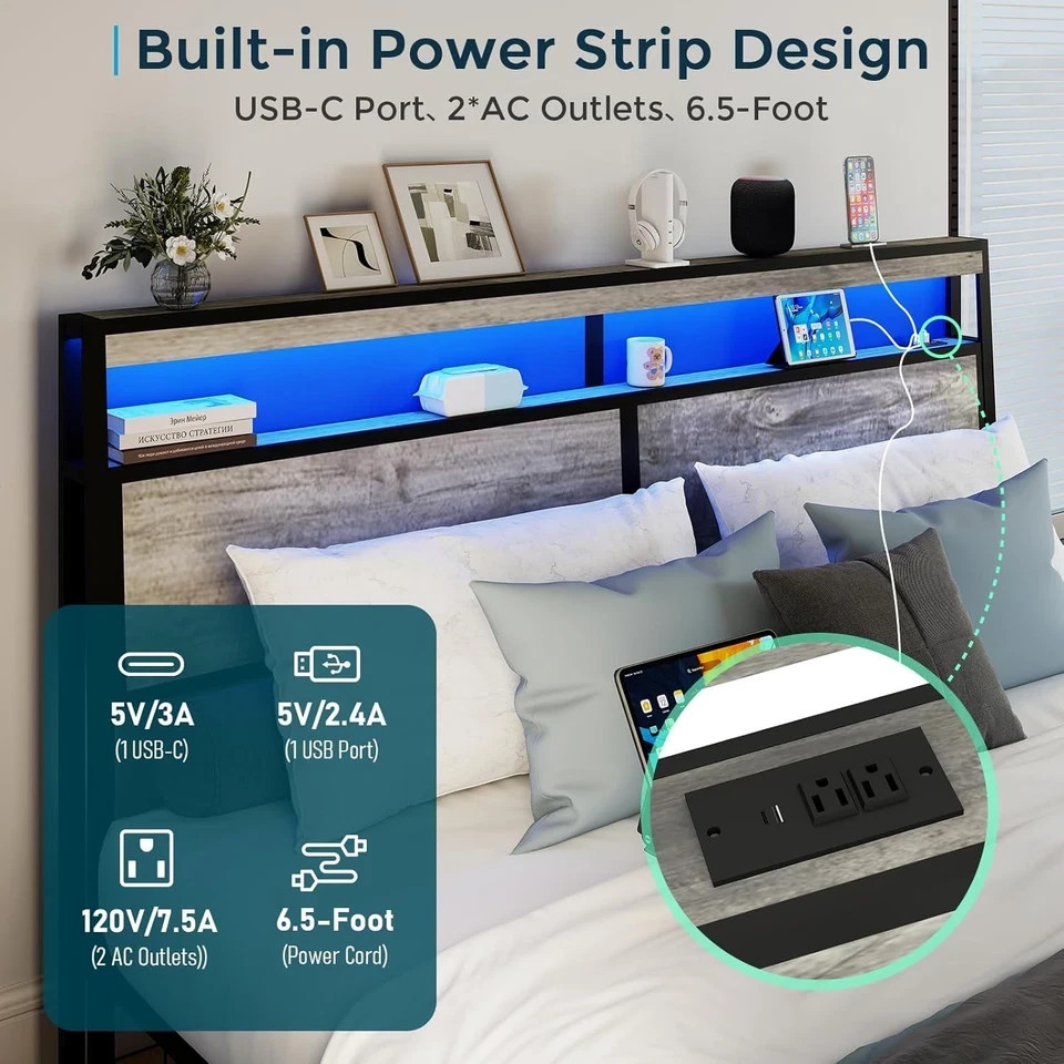 Full Queen King Bed Frame with Storage Headboard ,Charging Station & LED Lights