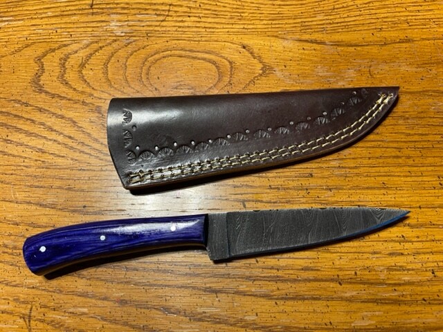 Large Damascus  knife w/nice laminate wood handle & leather sheath hand made