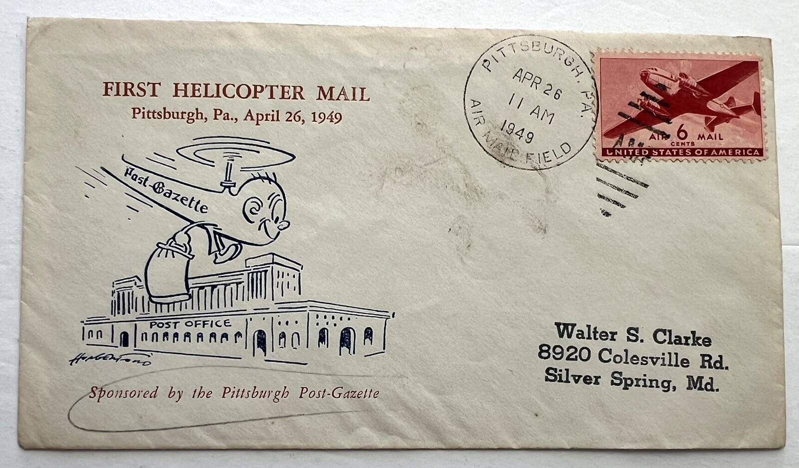 FIRST HELICOPTER MAIL DELIVERY 1949 ENVELOPE * PITTSBURGH POST-GAZETTE NEWSPAPER