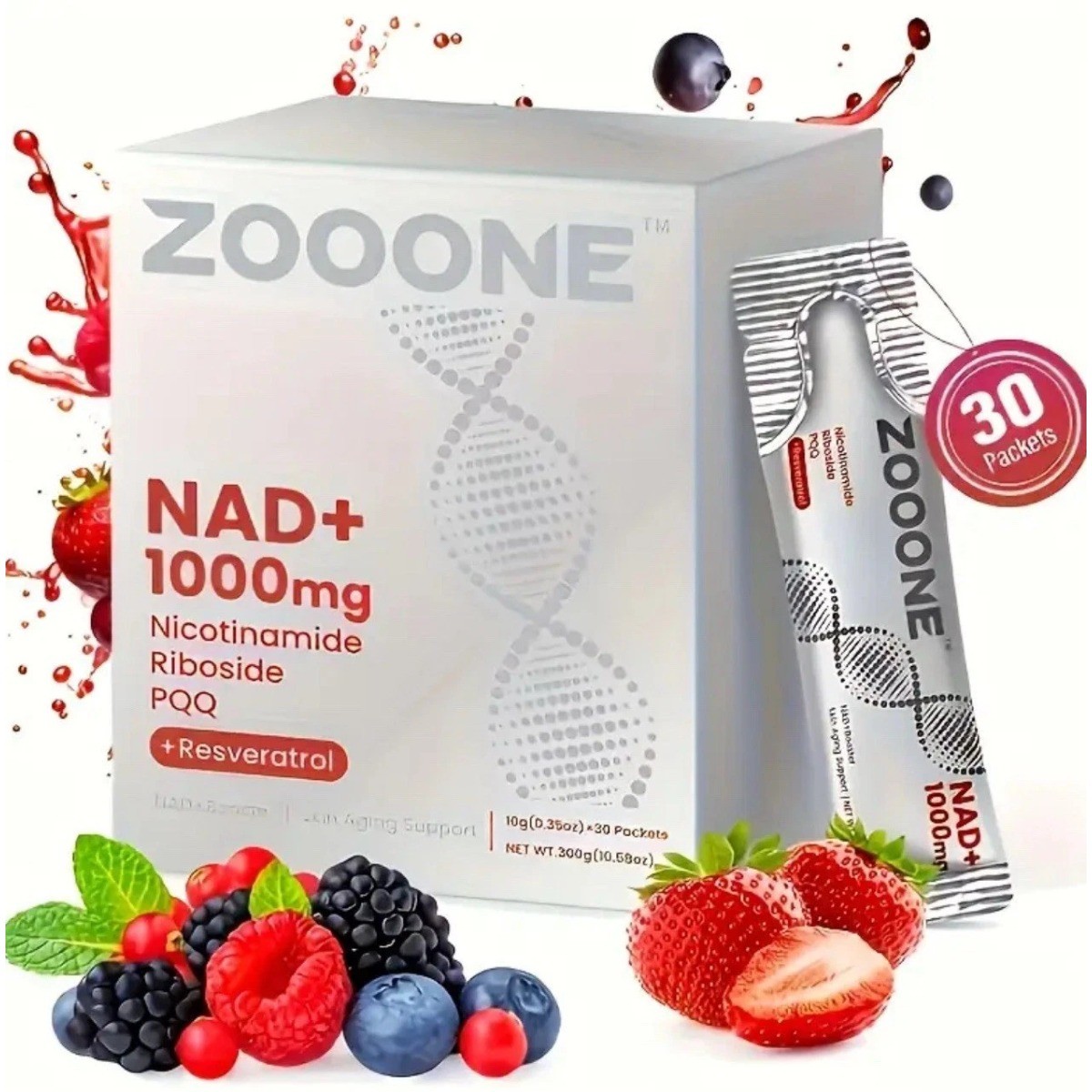 ZOONE NR1000 NAD+ Berry Drink Mix, Anti-Aging & Skin Health Support