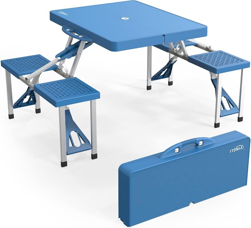 4 Ft Camping Picnic Card Table Set with 4 Seats with Umbrella Hole Suitcase