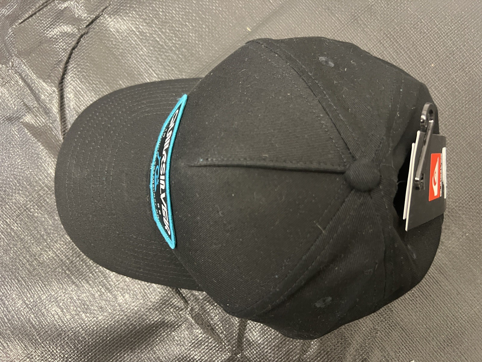 QUIKSILVER Black Trapazoid Teal Patch Logo Solid Hat Cap Snapback Curve Brim NEW