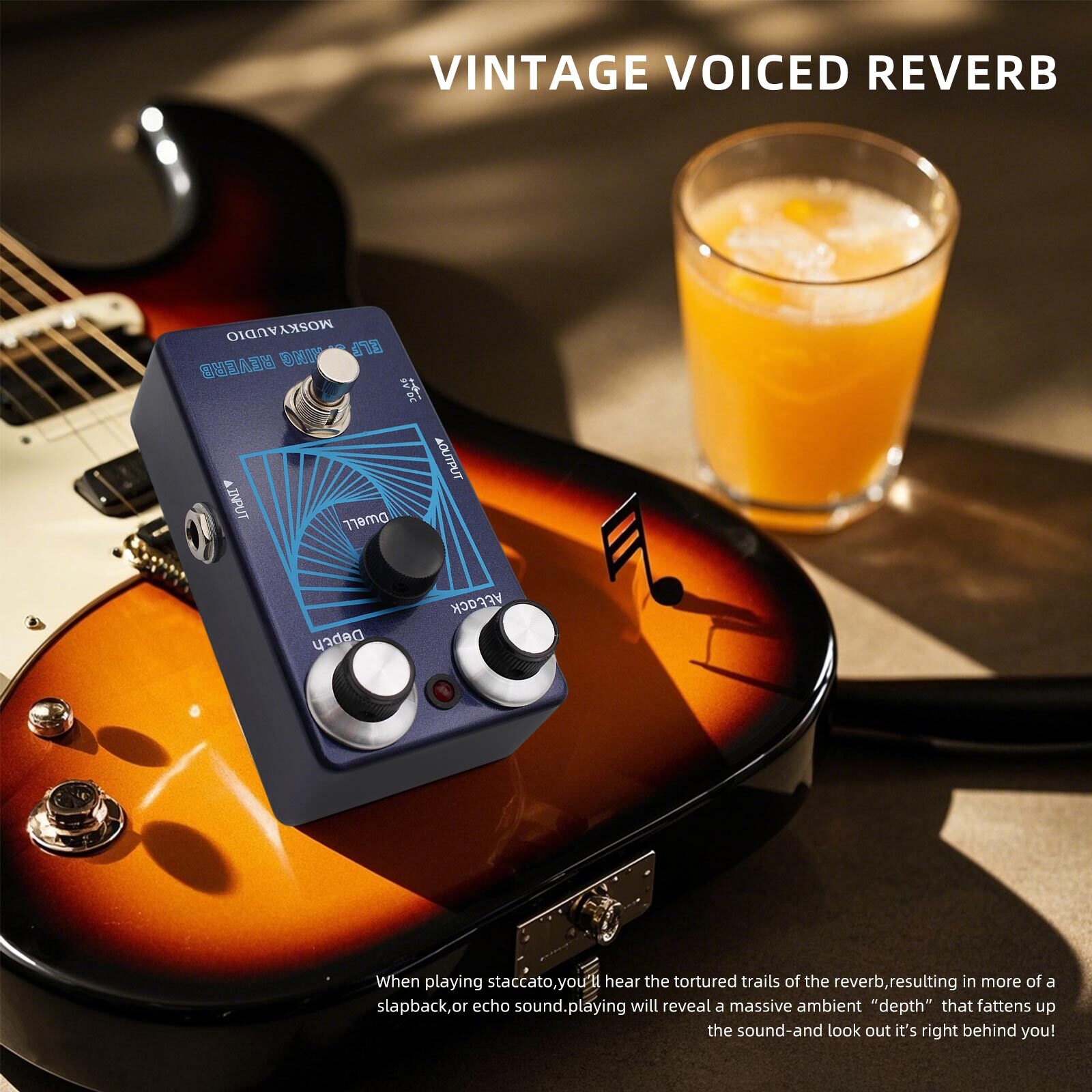MOSKYAUDIO ELF SPRING REVERB Guitar Effect Pedal Attack/Depth Knob Slapback/Echo
