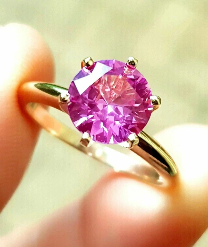 2.32 Ct Round Cut Pink Sapphire Diamond Engagement Ring 14K solid Yellow gold