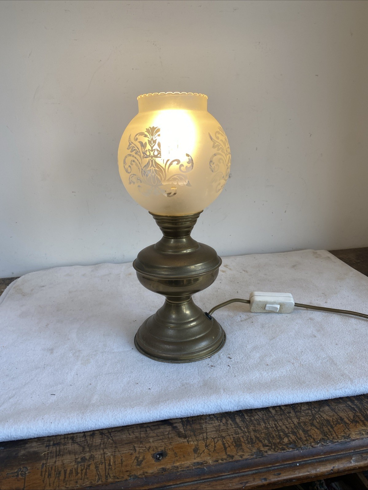 Vintage Brass Oil Lamp Converted To Electric With Glass Shade