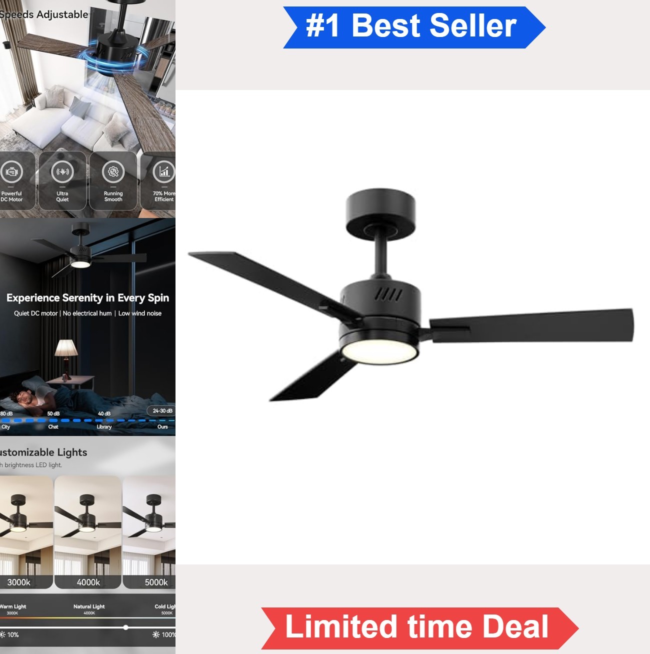 Ceiling Fan with Lights 42 Inch Low Profile Black Dimmable LED Remote DC Motor