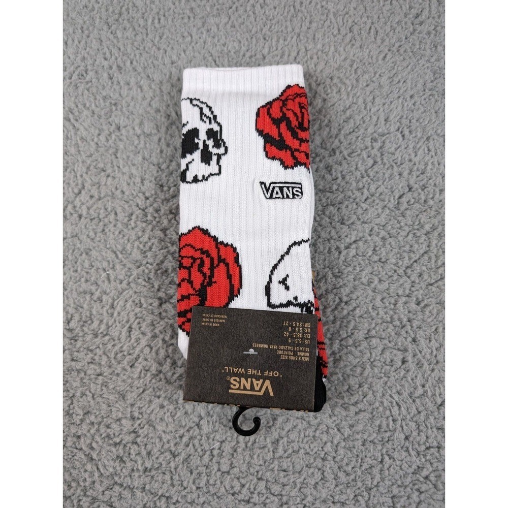 Vans Crew Socks Mens Womens 6.5-9 White Skull Red Roses Logo All Over Print New