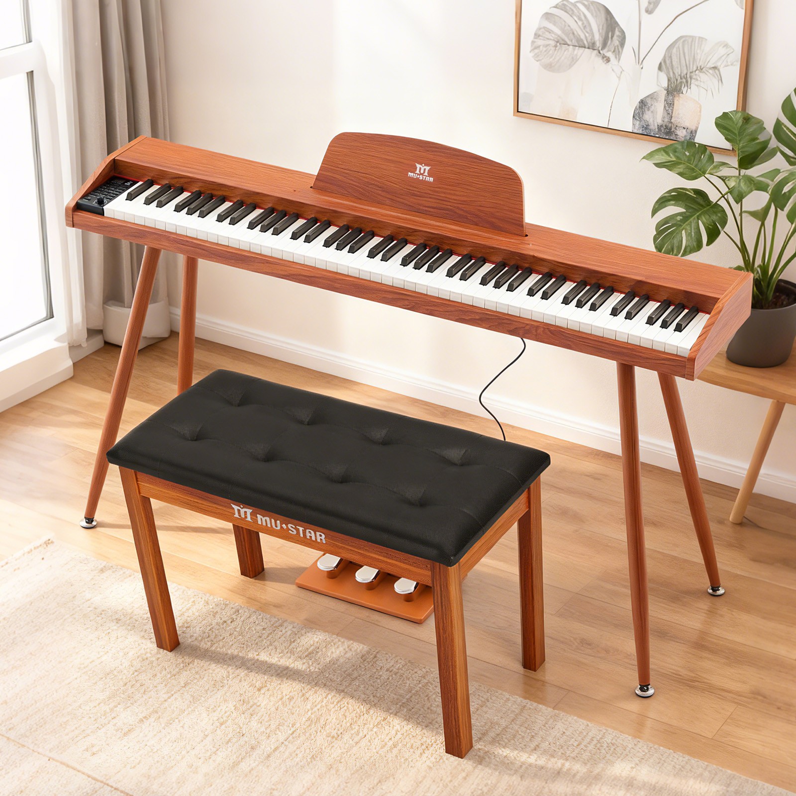 88Key Brown Digital Piano Semi Weighted Keyboard 3Pedal,USB/MIDI,Bluetooth,Bench