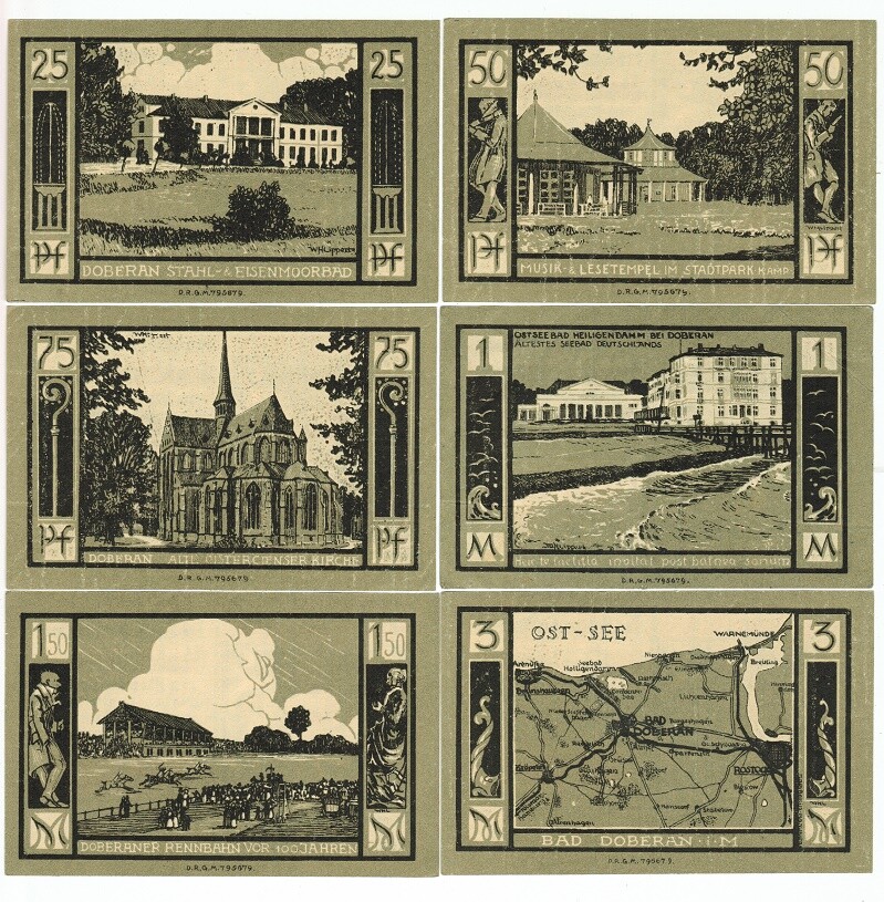 SET OF 6 GERMANY NOTGELD 25.50.75 PFENNIG 1.1,50.3 MARK STADT-DOBERAN 1920