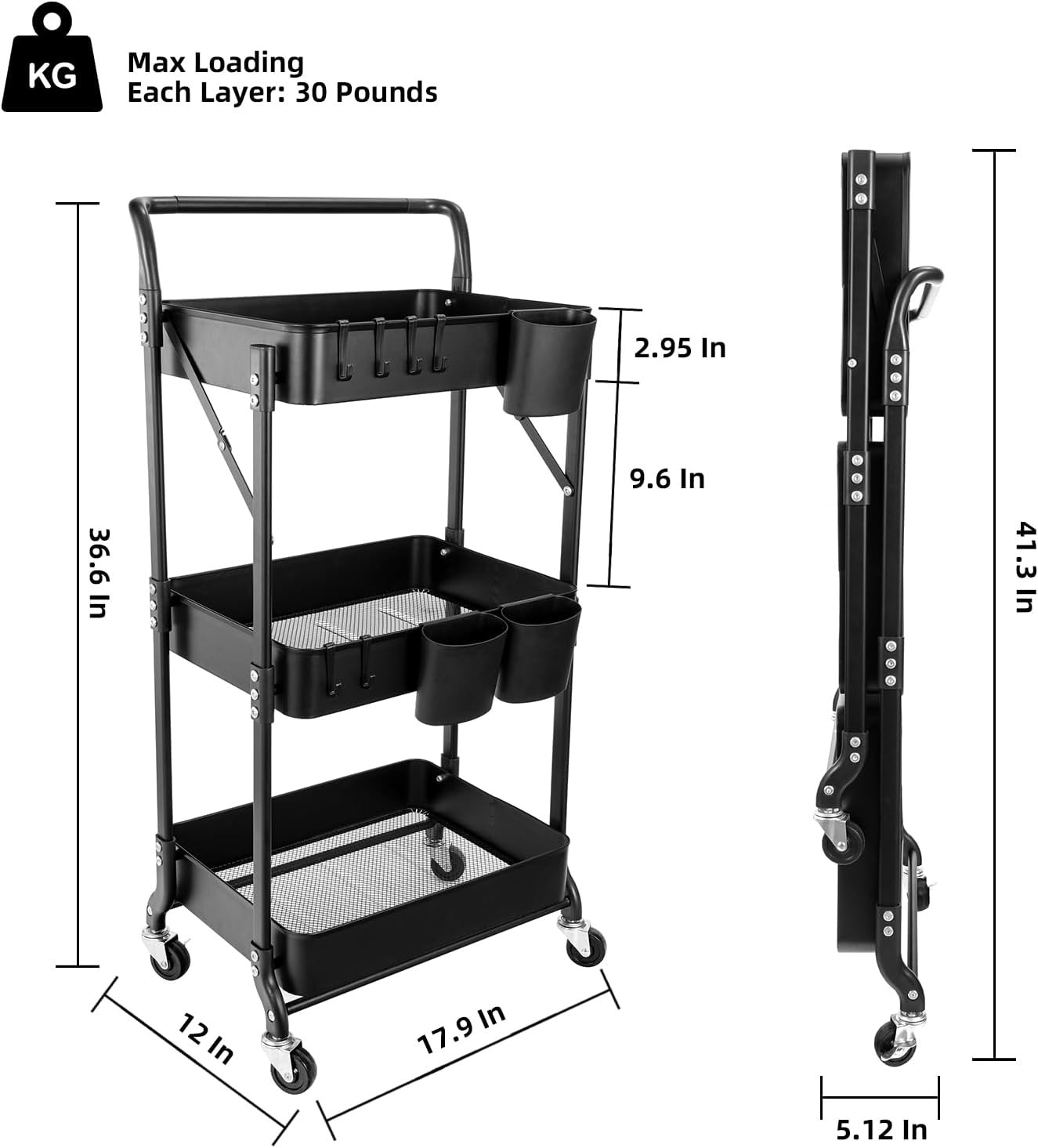3 Tier Foldable Rolling Cart W/ Wheels Folding Utility Cart Organizer
