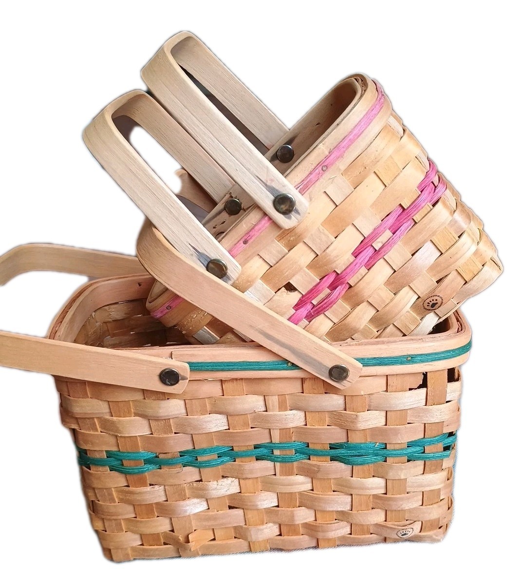 Set Of 2 BOYDS COLLECTION Small Market BASKETS w/Adjustable Handles Green/Red