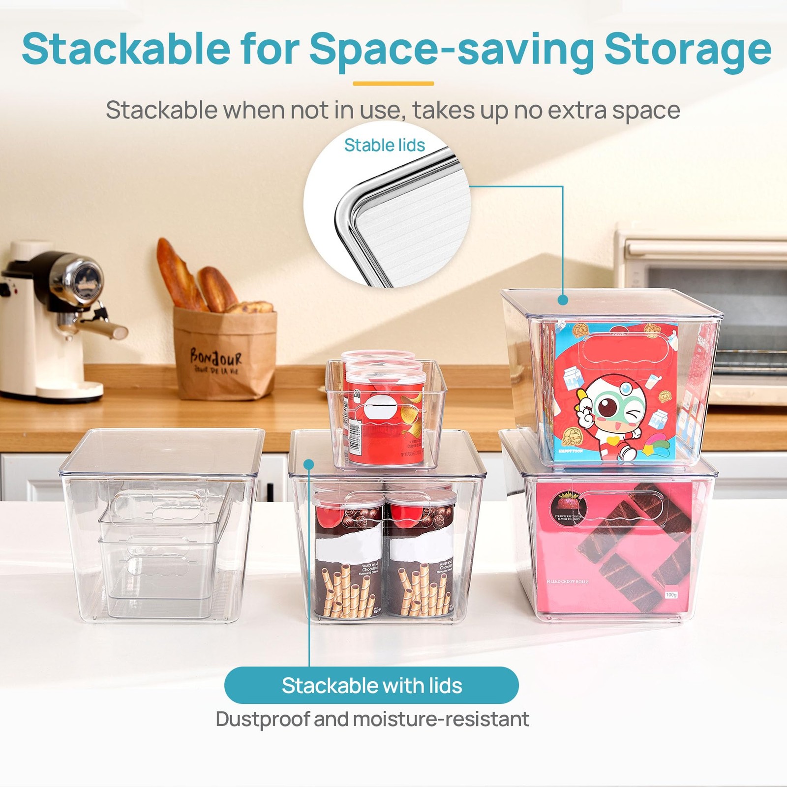 8 Pack Clear Storage Bins with Lid Set for Pantry Organizer