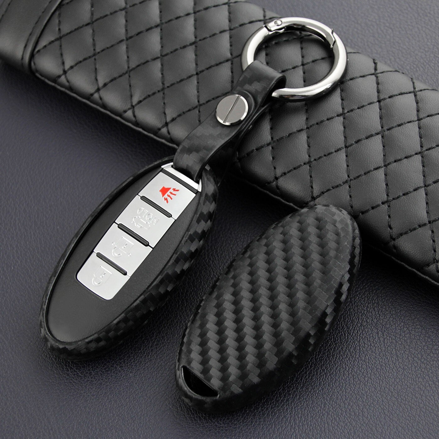 For Nissan Infiniti Smart Car Key Fob Cover Case Chain Accessories Carbon Fiber