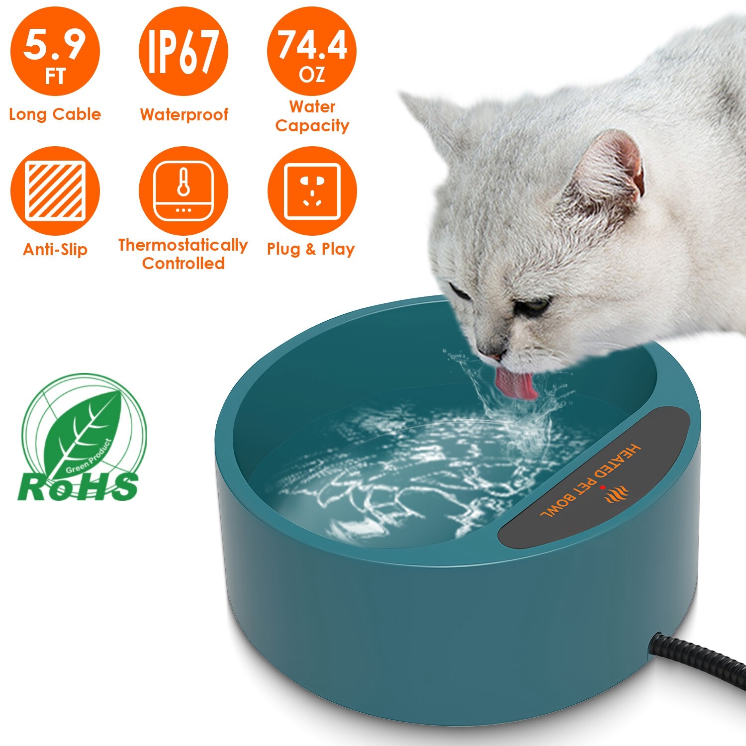 74.4OZ Heated Water Bowl Winter Pet Warm Water Bowl Dog Cat Water Feeder Bowl