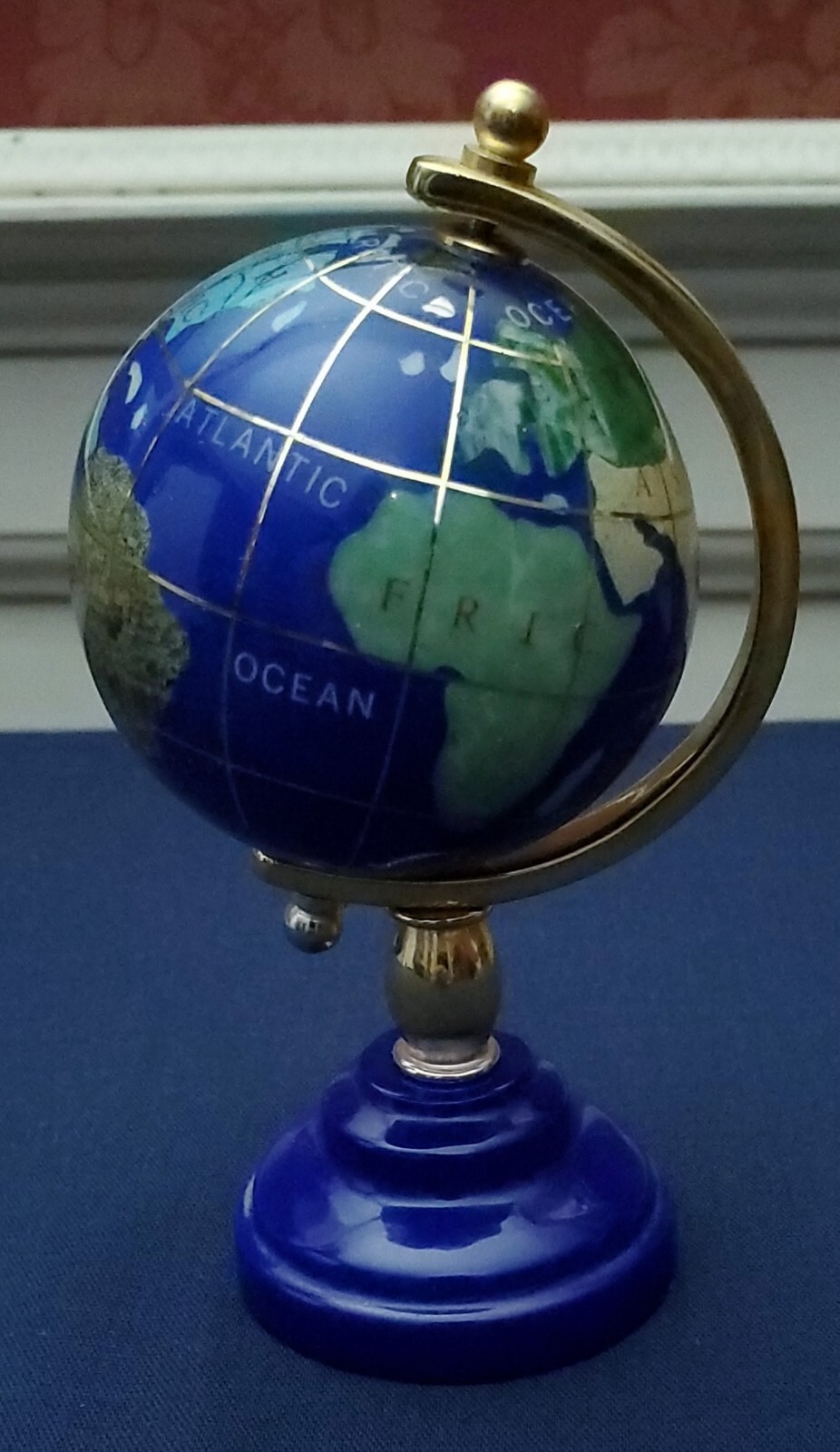 Vintage Cobalt Blue Lapis & Brass Mini Desk Globe 4 1/2” Inlaid Stones Beautiful
