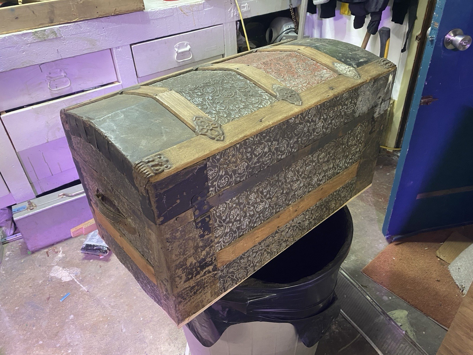 Victorian Dome-Top Wood Trunk Chest Floral Embossed Metal Panels 29x15x15