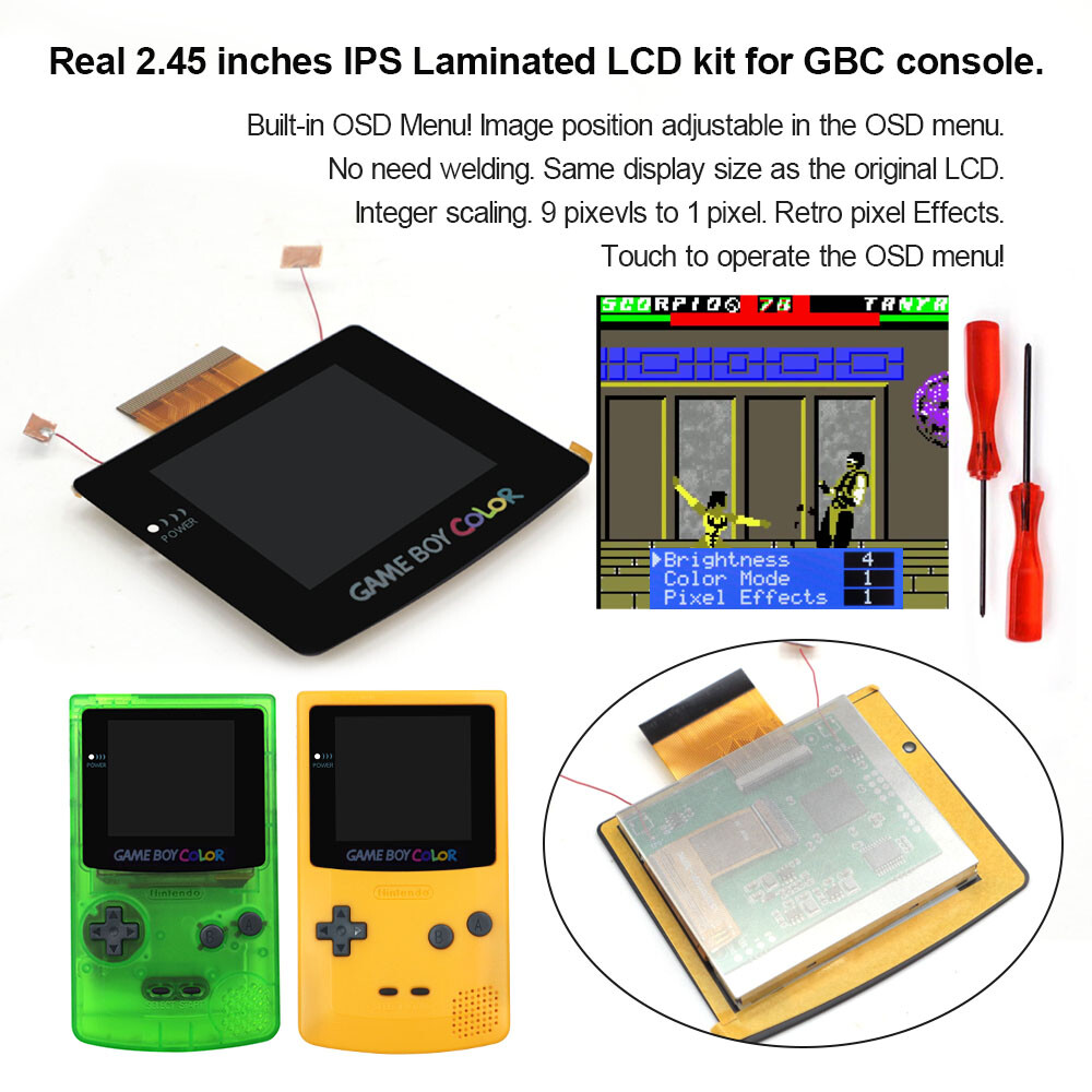 Laminated 2.45'' All-in-one Backlight IPS LCD Screen Kit+Pre-cut Shells For GBC