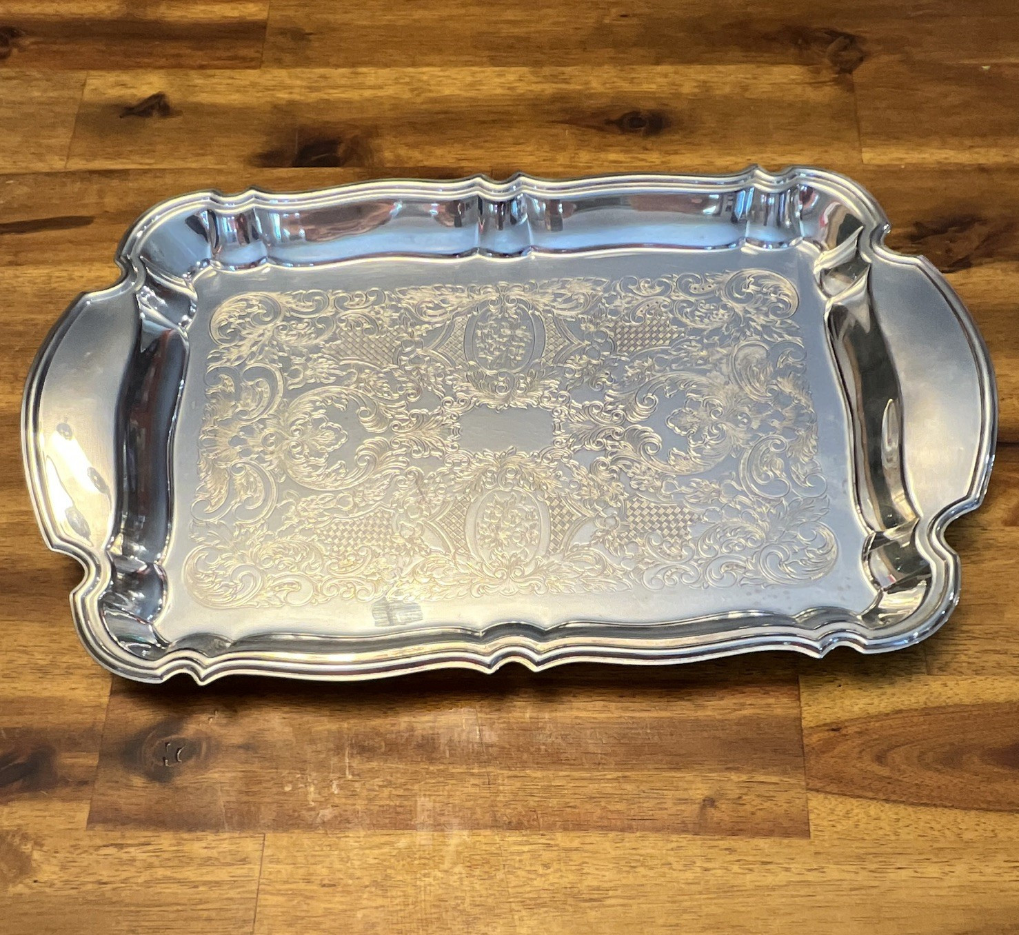 Silver Plate Serving Tray, Ornate Engraved Pattern. Oneida U. S. A.