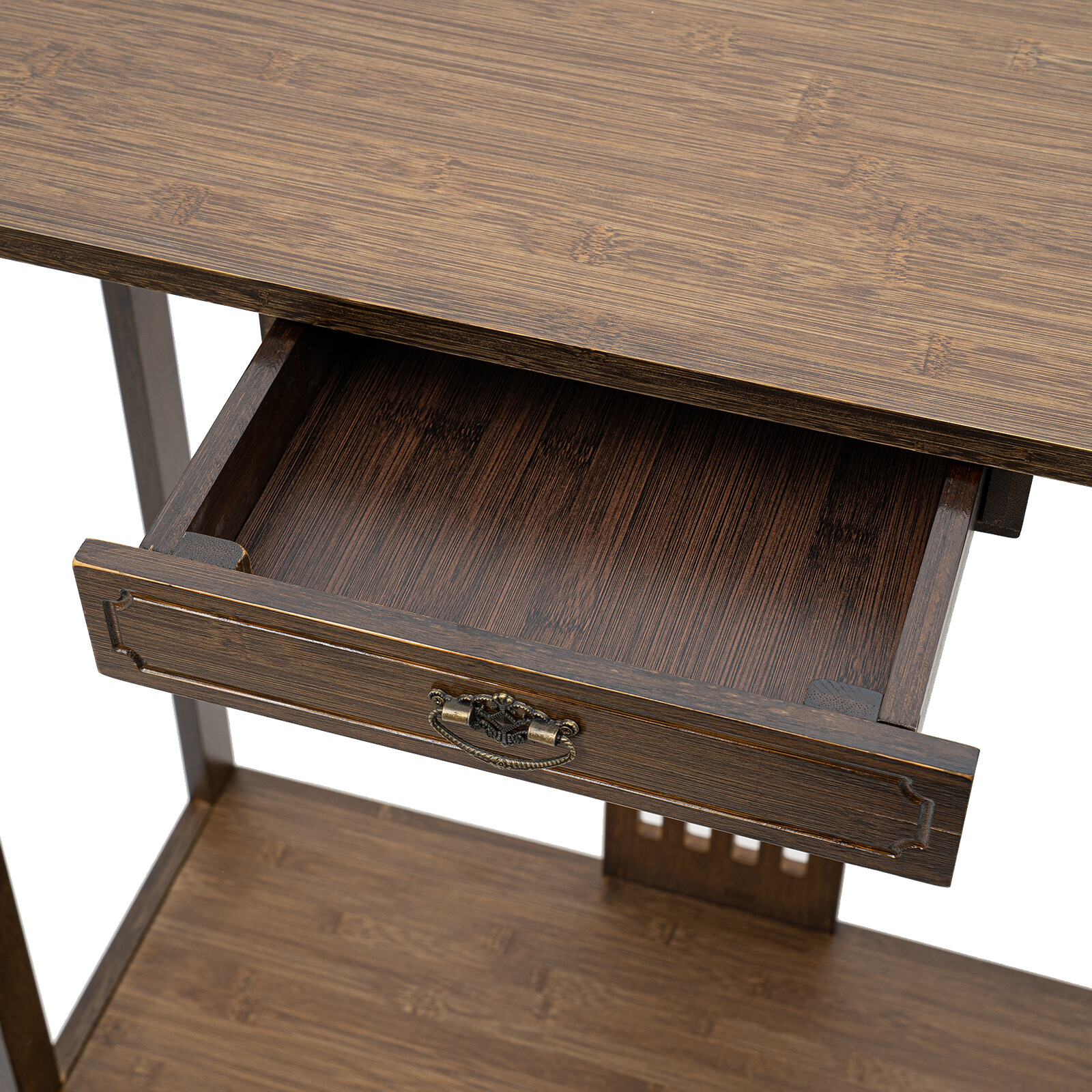 2 Tiers Walnut Sofa Table Bamboo Entryway Table Table With Storage Shelves