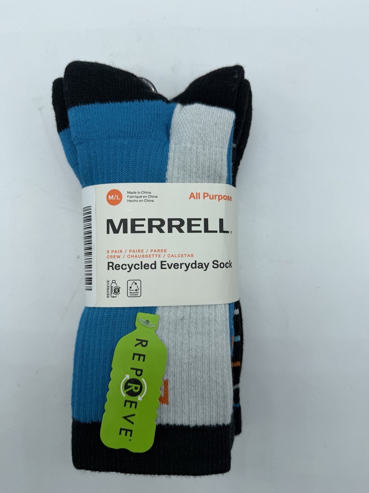 NEW 3 PAIR PACK  MERRELL ALL PURPOSE RECYCLED EVERYDAY CREW  SOCKS  SIZE M/L