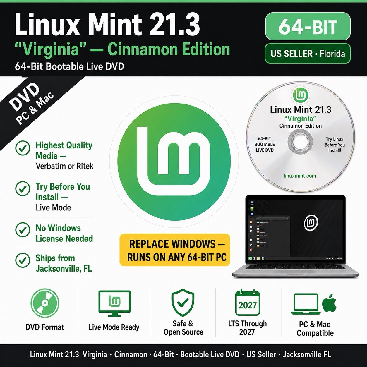 Linux Mint 21.3 "Virginia" Cinnamon Live DVD Bootable x86-64 US Seller From FL