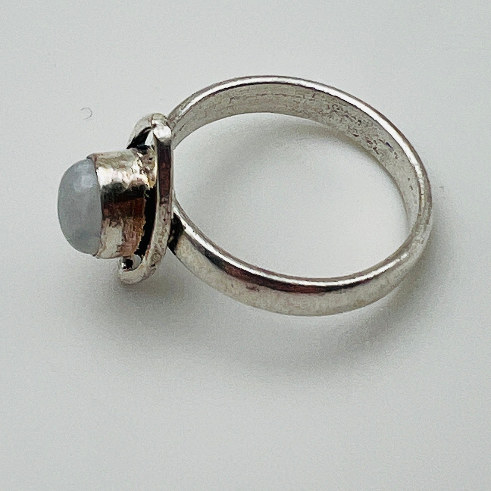 Silver Tone Ring Oval White Cabochon Modern Artisan Boho Statement Size 9 1/4