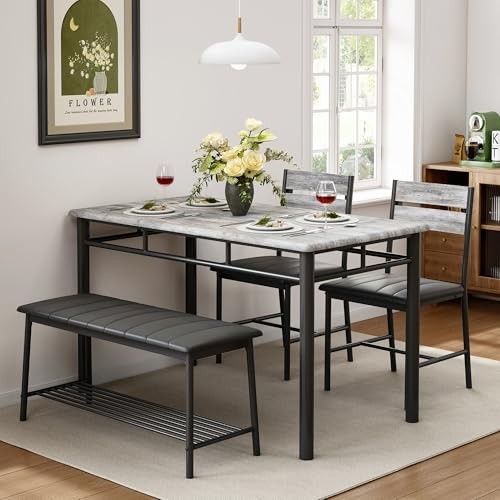 Dining Table Set for 4, Kitchen Table with Upholstered Bench and 2 Grey