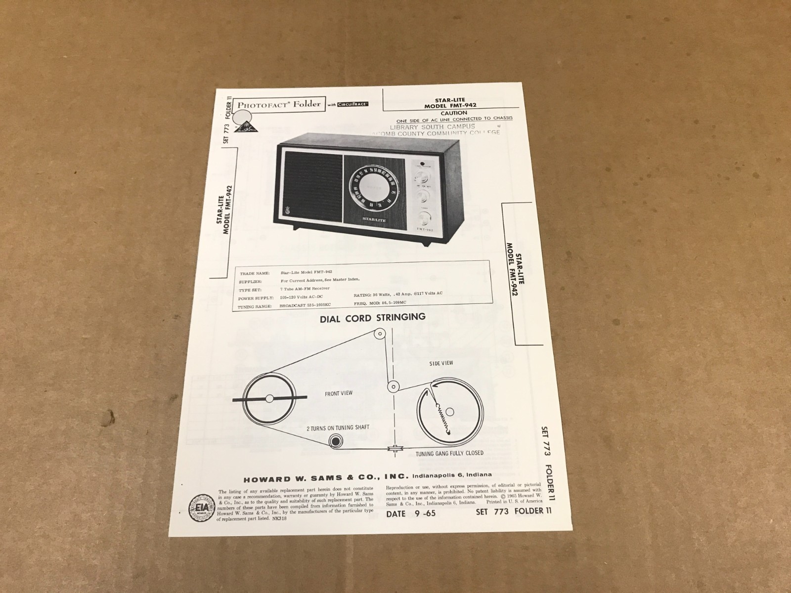 Vintage Photofact Folder- 773-11 - Star-Lite Model FMT-942 7-Tube AM/FM Receiver